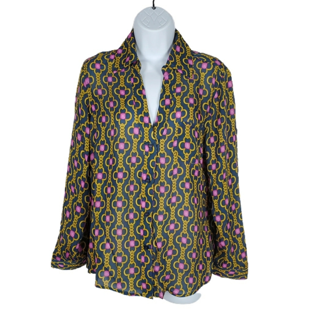 Larsen Gray Printed Long Sleeve Button Front Blous